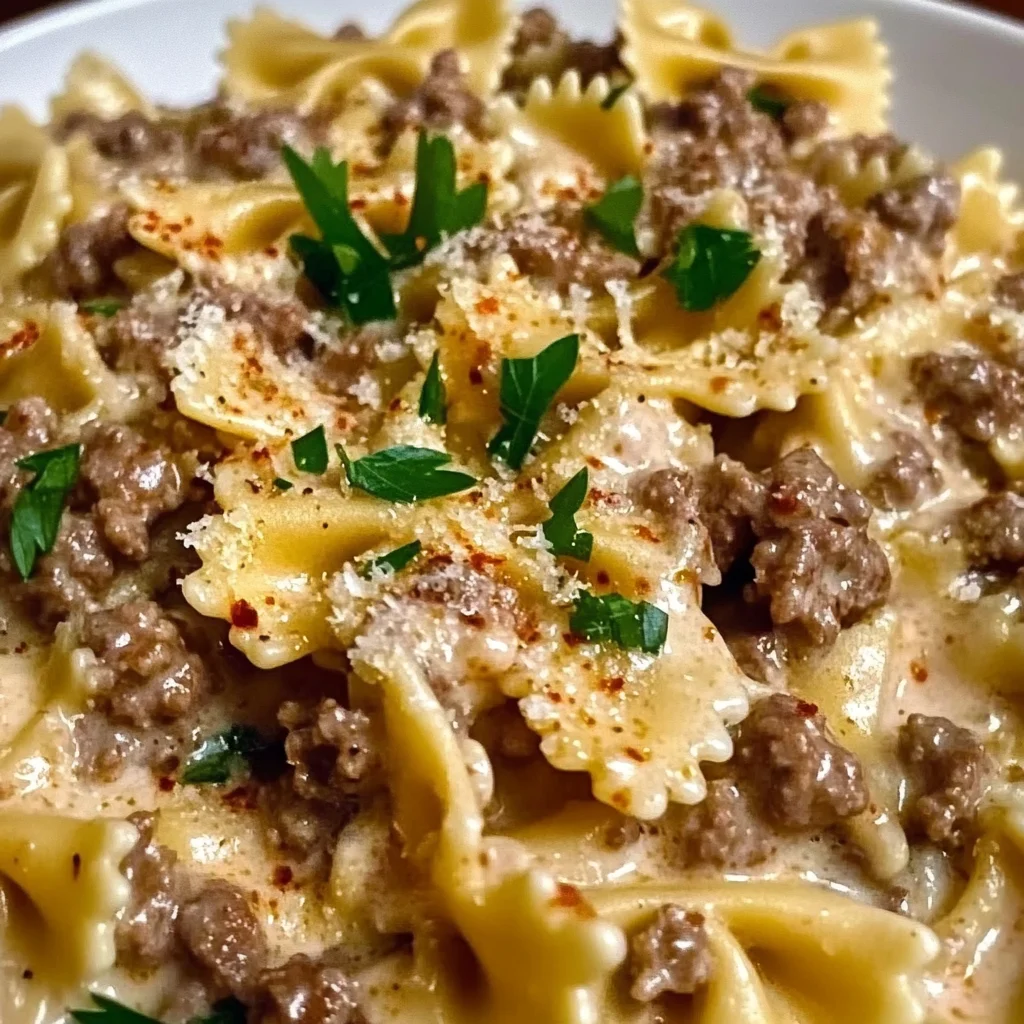 Creamy Parmesan Garlic Beef Bowtie Pasta