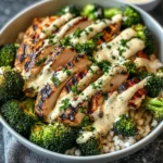 Grilled Chicken & Broccoli Bowls with Creamy Garlic Sauce