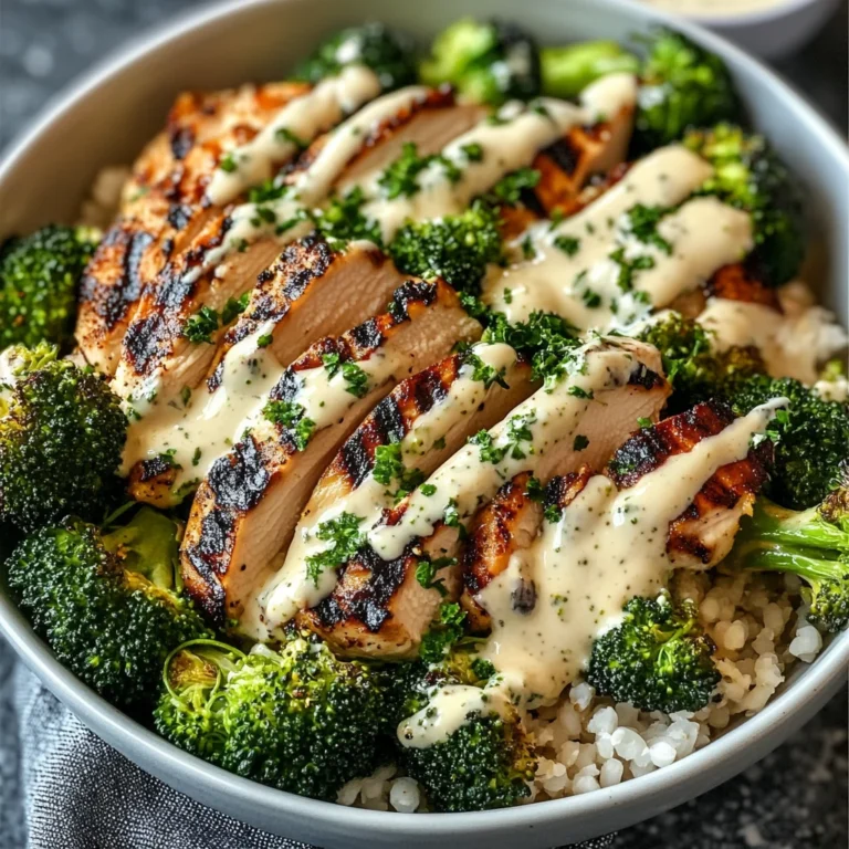 Grilled Chicken & Broccoli Bowls with Creamy Garlic Sauce