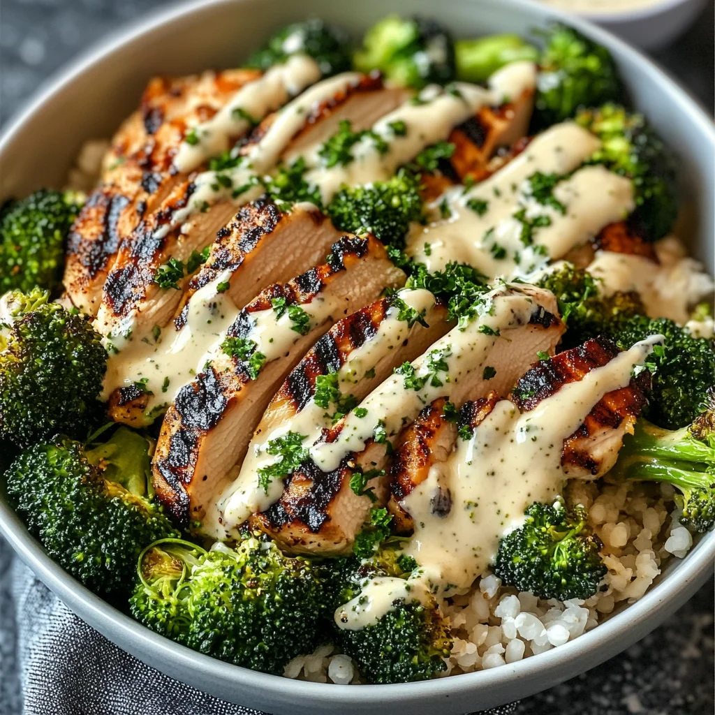 Grilled Chicken & Broccoli Bowls with Creamy Garlic Sauce