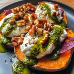 Stuffed Sweet Potatoes with Burrata, Toasted Walnuts & Sage Pesto